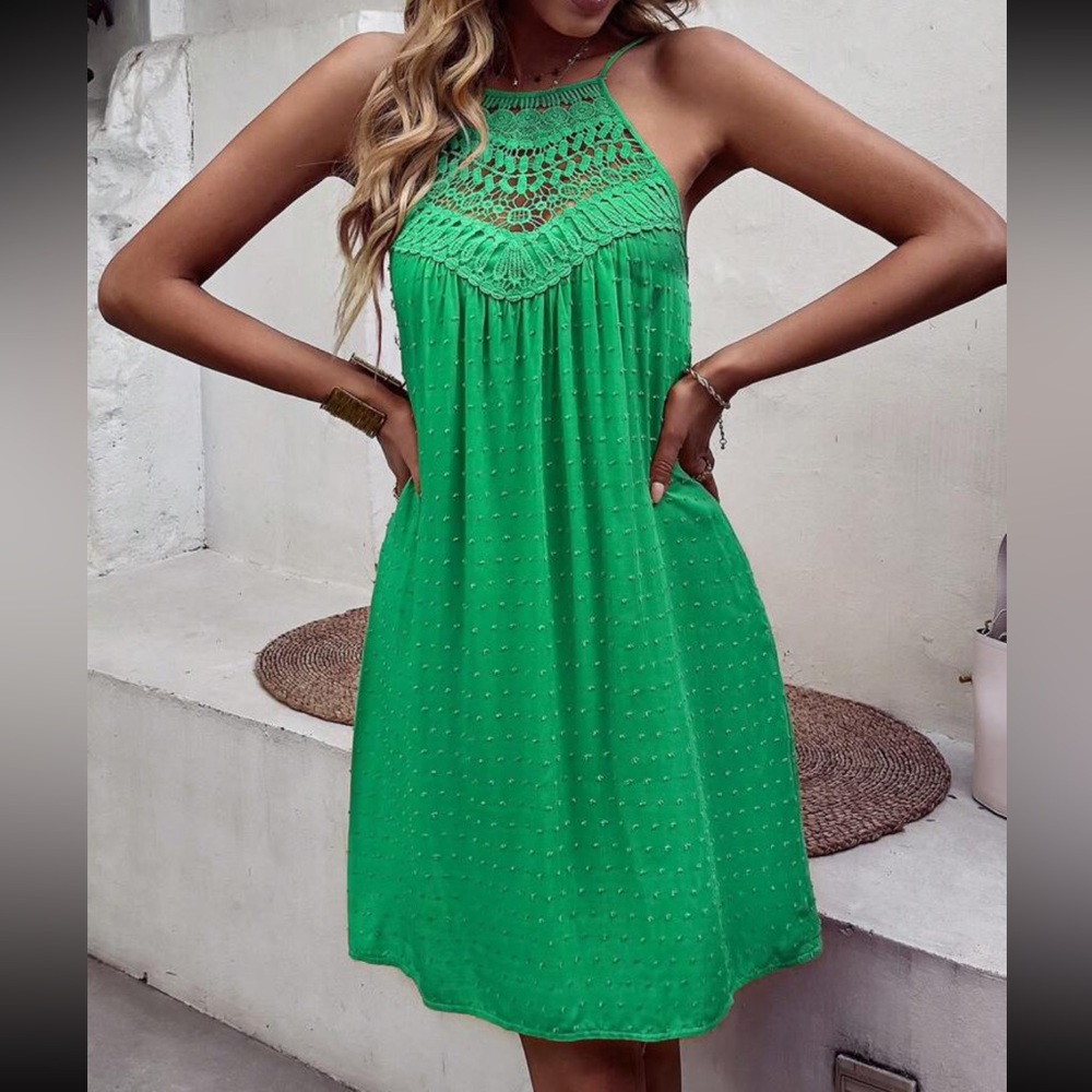 Boho lace insert Swiss dot halter dress mustard yellow - Picture 6 of 12